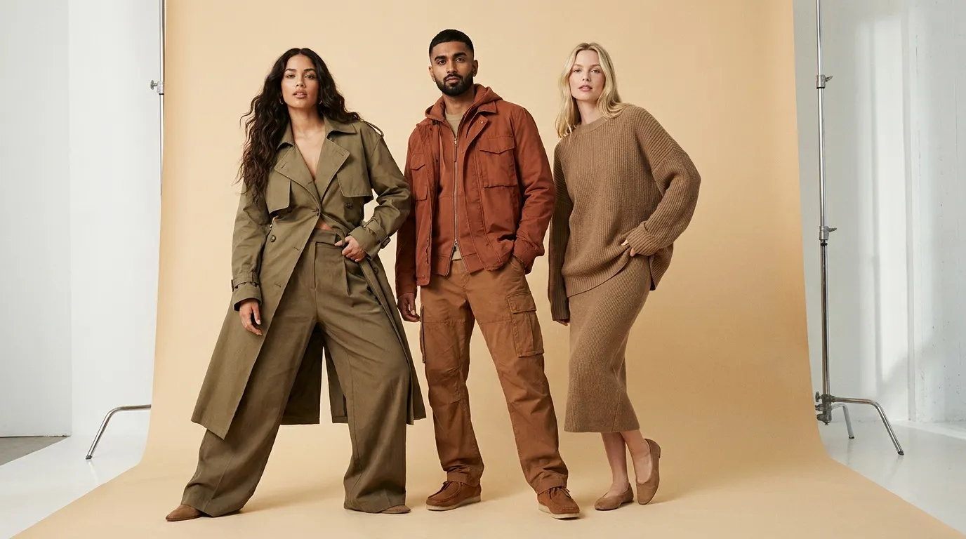Three iModel Miami models on a studio backdrop in autumn tailoring